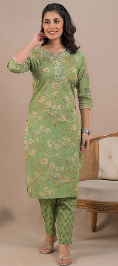 Green color Salwar Kameez in Cotton fabric with Embroidered, Printed, Resham, Thread work