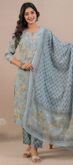 Blue color Salwar Kameez in Cotton fabric with Embroidered, Floral, Printed, Resham, Thread work