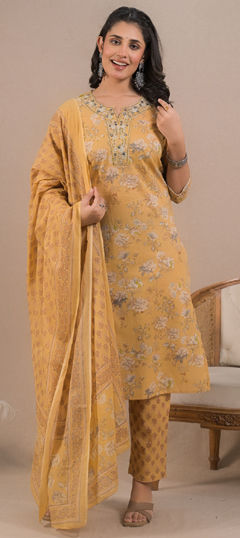 Beige and Brown color Salwar Kameez in Cotton fabric with Embroidered, Floral, Printed, Resham, Thread work