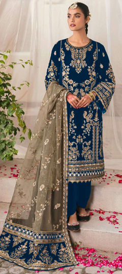 Blue color Salwar Kameez in Velvet fabric with Embroidered, Sequence, Thread, Zari work
