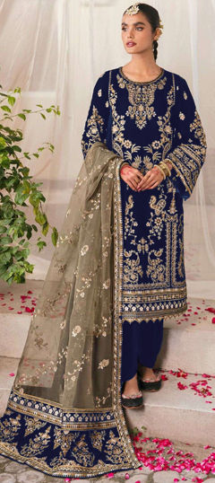Blue color Salwar Kameez in Velvet fabric with Embroidered, Sequence, Thread, Zari work