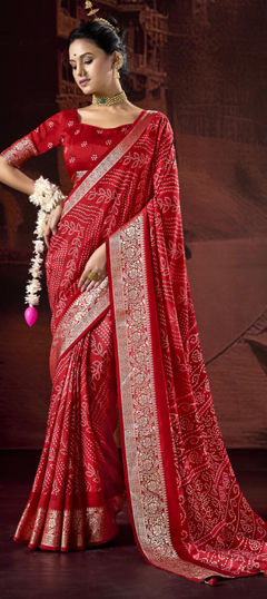 Red and Maroon color Saree in Art Silk fabric with Bandhej, Printed, Weaving work