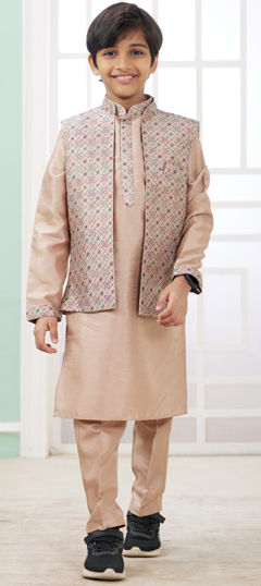 Beige and Brown color Boys Kurta Pyjama with Jacket in Art Silk fabric with Embroidered, Resham, Thread work