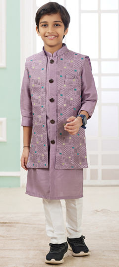 Pink and Majenta color Boys Kurta Pyjama with Jacket in Art Silk fabric with Embroidered, Resham, Thread work