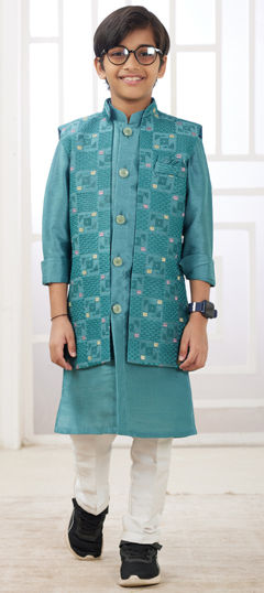Green color Boys Kurta Pyjama with Jacket in Art Silk fabric with Embroidered, Resham, Thread work