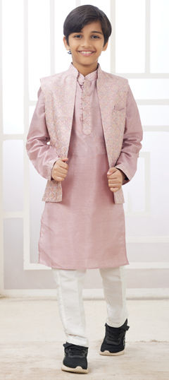 Pink and Majenta color Boys Kurta Pyjama with Jacket in Art Silk fabric with Embroidered, Resham, Thread work