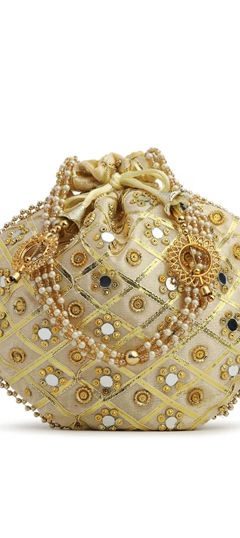 Beige and Brown color Potli in Art Silk fabric with Bugle Beads, Embroidered, Mirror work