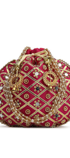 Red and Maroon color Potli in Art Silk fabric with Bugle Beads, Embroidered, Mirror work