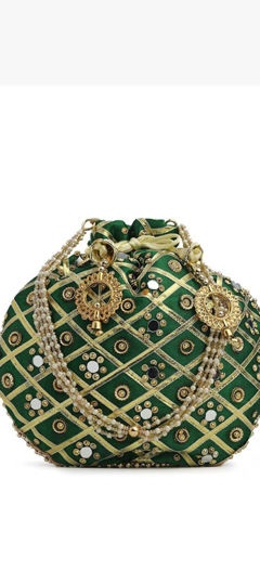 Green color Potli in Art Silk fabric with Bugle Beads, Embroidered, Mirror work