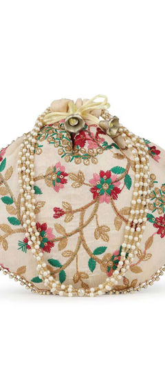 Beige and Brown color Potli in Art Silk fabric with Embroidered work