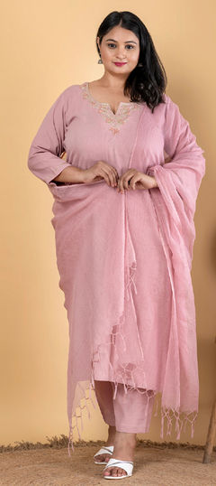 Pink and Majenta color Salwar Kameez in Cotton fabric with Bugle Beads, Cut Dana, Thread work