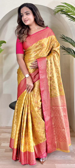 Yellow color Saree in Tissue fabric with Weaving, Zari work
