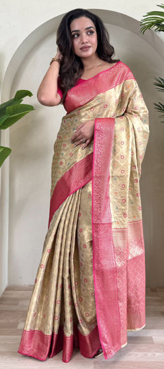 Beige and Brown color Saree in Tissue fabric with Weaving, Zari work