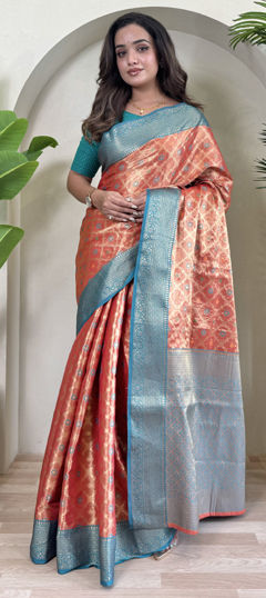 Red and Maroon color Saree in Tissue fabric with Weaving, Zari work