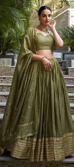 Green color Lehenga in Chanderi Silk fabric with Weaving, Zari work