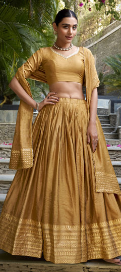 Yellow color Lehenga in Chanderi Silk fabric with Weaving, Zari work