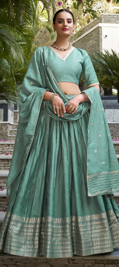 Green color Lehenga in Chanderi Silk fabric with Weaving, Zari work