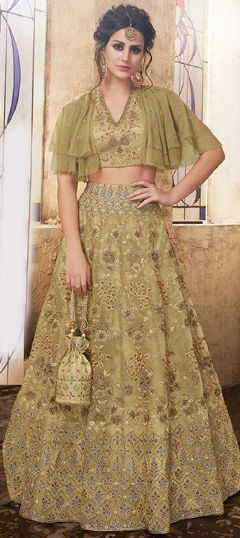 Beige and Brown color Lehenga in Organza Silk fabric with Embroidered, Thread work