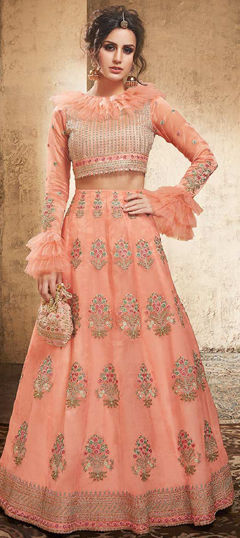 Pink and Majenta color Lehenga in Organza Silk fabric with Embroidered, Thread work