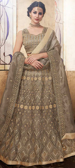 Black and Grey color Lehenga in Organza Silk fabric with Embroidered, Thread work
