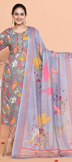 Black and Grey color Salwar Kameez in Muslin fabric with Bugle Beads, Cut Dana, Printed, Resham, Thread work