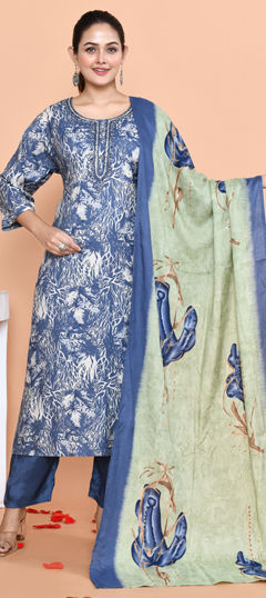 Blue color Salwar Kameez in Muslin fabric with Cut Dana, Embroidered, Moti, Printed work