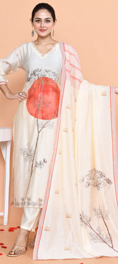 White and Off White color Salwar Kameez in Muslin fabric with Cut Dana, Printed work