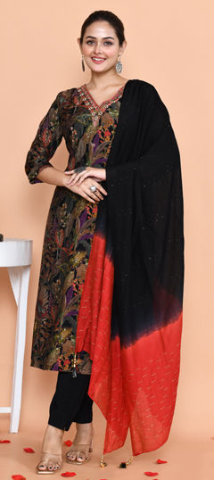 Black and Grey color Salwar Kameez in Muslin fabric with Cut Dana, Printed, Resham work