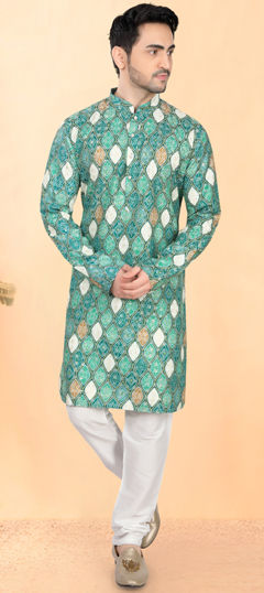 Green color Kurta Pyjamas in Cotton, Rayon fabric with Sequence, Thread work