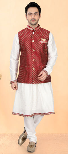 White and Off White color Kurta Pyjama with Jacket in Silk cotton fabric with Lace work