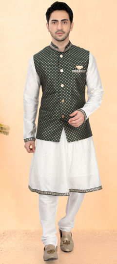 White and Off White color Kurta Pyjama with Jacket in Silk cotton fabric with Lace work