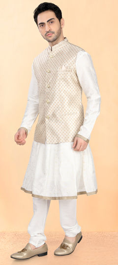 White and Off White color Kurta Pyjama with Jacket in Silk cotton fabric with Lace work
