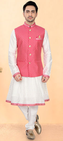 Pink and Majenta color Kurta Pyjama with Jacket in Silk cotton fabric with Lace work