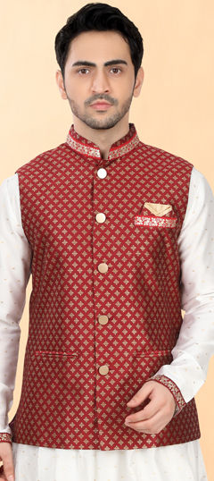 Red and Maroon color Nehru Jacket in Jacquard fabric with Lace work