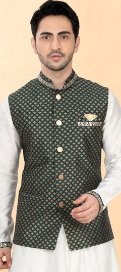 Green color Nehru Jacket in Jacquard fabric with Lace work