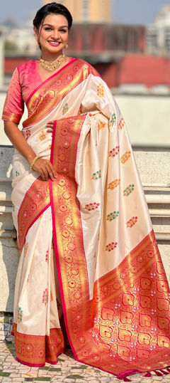 White and Off White color Saree in Art Silk fabric with Weaving work