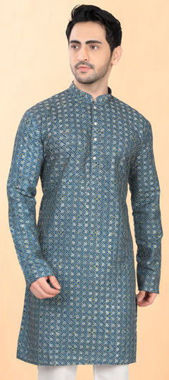 Black and Grey color Kurta in Cotton, Rayon fabric with Sequence, Thread work
