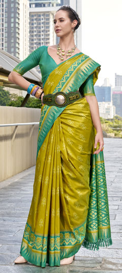 Green, Yellow color Saree in Silk fabric with Weaving, Zari work