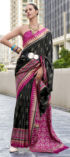 Black and Grey, Pink and Majenta color Saree in Silk fabric with Weaving, Zari work