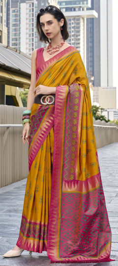 Yellow color Saree in Silk fabric with Weaving, Zari work