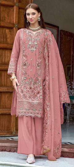 Pink and Majenta color Salwar Kameez in Organza Silk fabric with Embroidered, Resham, Sequence, Thread work