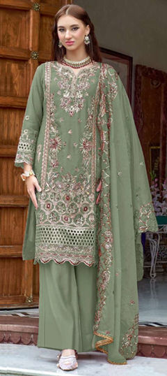 Green color Salwar Kameez in Organza Silk fabric with Embroidered, Resham, Sequence, Thread work