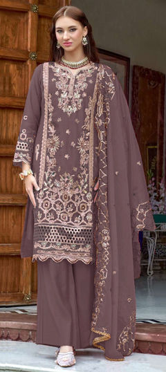 Beige and Brown color Salwar Kameez in Organza Silk fabric with Embroidered, Resham, Sequence, Thread work