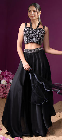 Black and Grey color Ready to Wear Lehenga in Satin Silk fabric with Printed, Sequence work