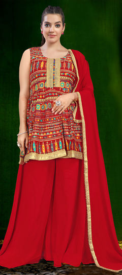 Red and Maroon color Ready to Wear Lehenga in Rayon fabric with Embroidered, Sequence, Thread work