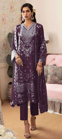 Purple and Violet color Salwar Kameez in Georgette fabric with Embroidered, Sequence, Thread work