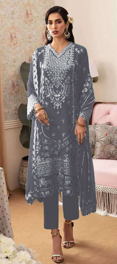 Black and Grey color Salwar Kameez in Georgette fabric with Embroidered, Sequence, Thread work