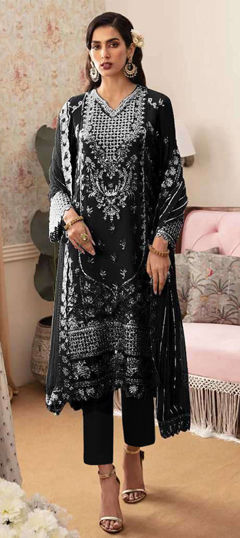 Black and Grey color Salwar Kameez in Georgette fabric with Embroidered, Sequence, Thread work