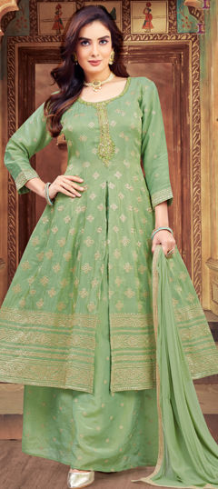 Green color Salwar Kameez in Silk fabric with Embroidered, Thread, Zari work