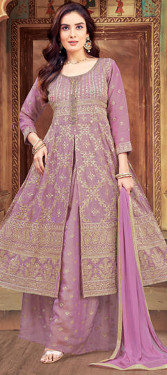 Purple and Violet color Salwar Kameez in Silk fabric with Embroidered, Thread, Zari work